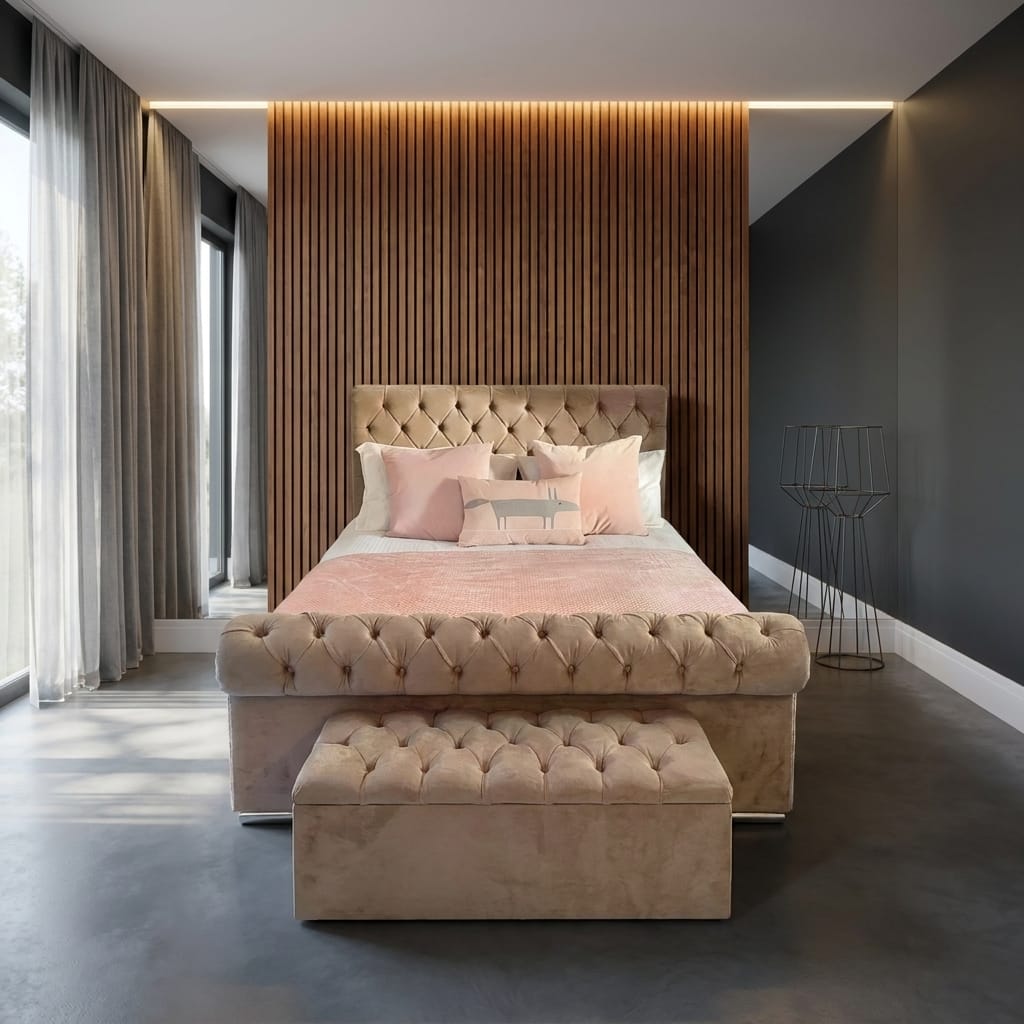 Sleigh — luxury upholstered bed for sale in the UK, cash on delivery